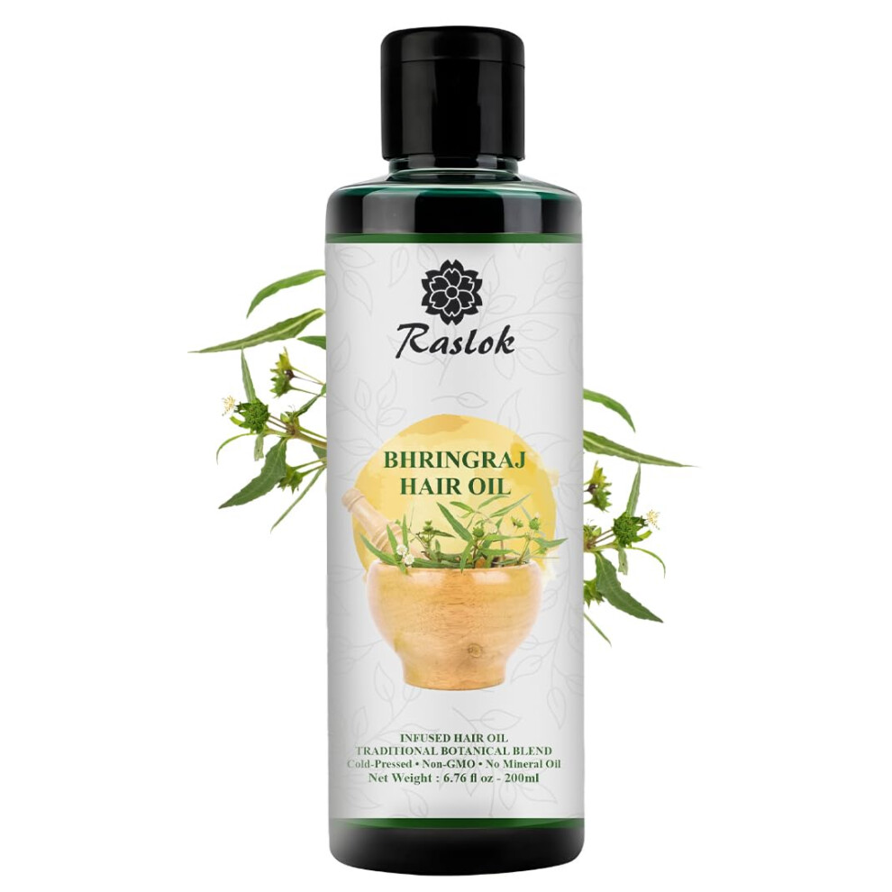 Raslok Bhringraj Hair Oil 6.76 Fl Oz -200Ml | Ayurvedic Botanical Blend With Amla Neem Hibiscus & Brahmi | Cold-Pressed | Non-Gmo | No Mineral