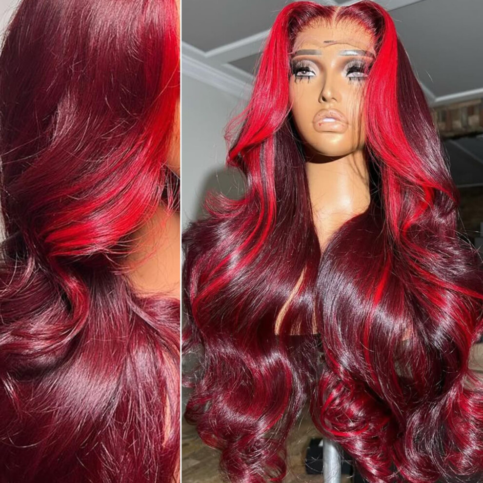 Guiguzin Unisex Red 13X6 99J Burgundy Lace Front Wigs Human Hair Burgundy Highlight Wig Human Hair Pre Plucked 200% Density Body Wave 99J Human Hair Wig Glue