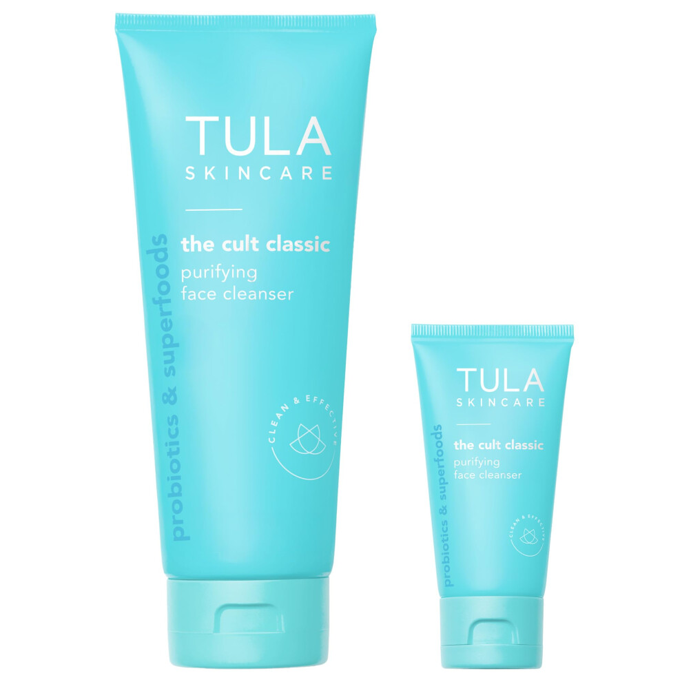 TULA Skin Care Cult Classic Purifying Face Cleanser  Full and Travel Size Duo - Gentle and Effective Face Wash  Makeup Remover  Nourishing and Hy