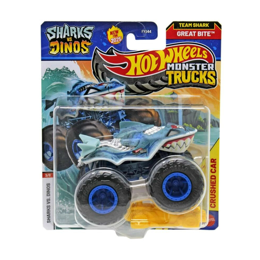 Hot Wheels Monster Trucks Sharks Vs Dinos, Druckguss-Fahrzeugkollektion Im Ma Stab 1:64, Ausgabe 2025 (3/8 Team Shark Great Bite)-image