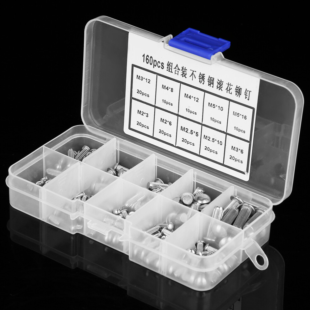 160Pcs M2-M5 Stainless Steel Round Head Knurled Shank Solid Rivets Assortment Set 4991324654641