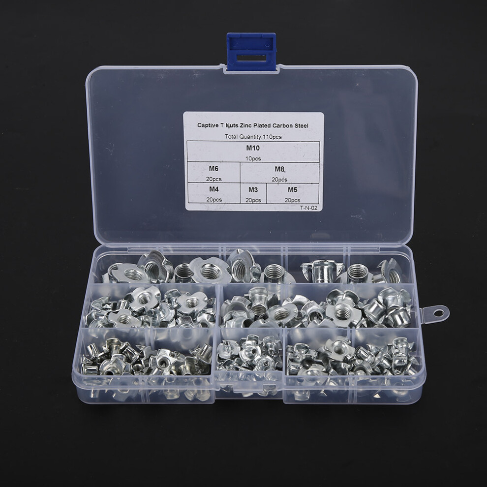 110Pcs 1 Box T Nuts Rivet Nut M10\M8\M6 \M5\M4\M3 Four Claws Galvanized T Nut Set 4931324660532