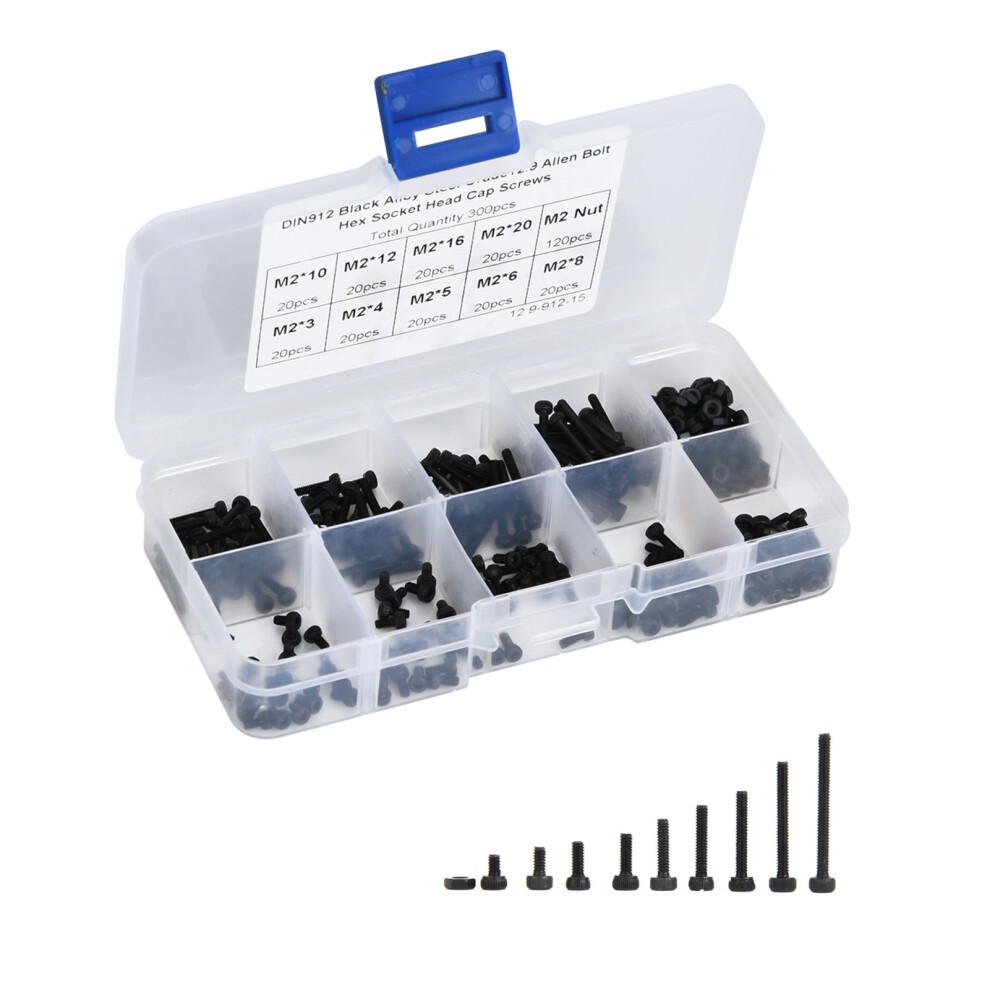 300Pcs M2 X 3-20Mm 12.9 Grade Black Alloy Steel Hex Socket Screw Bolt And Nut Kit 8471324662403