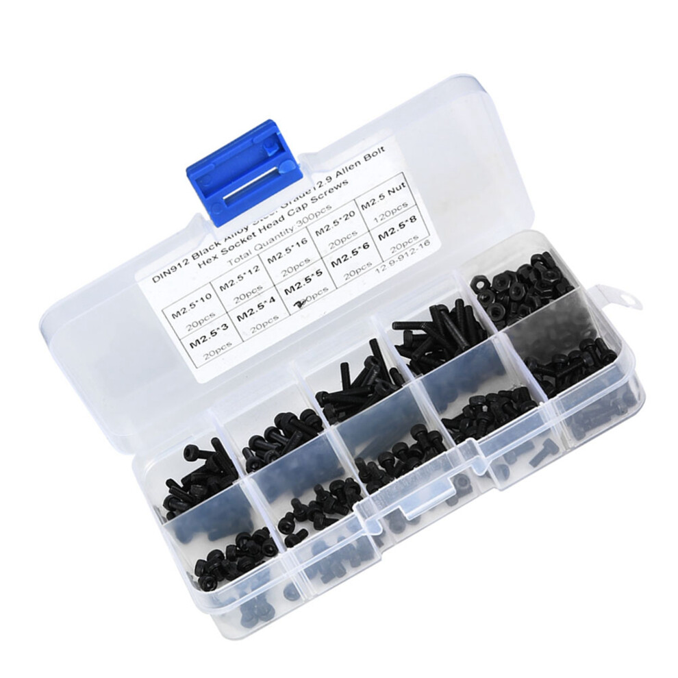 300Pcs M2.5 X 3-20Mm 12.9 Grade Black Alloy Steel Hex Socket Head Cap Screw Bolt With Nut 7611324662305