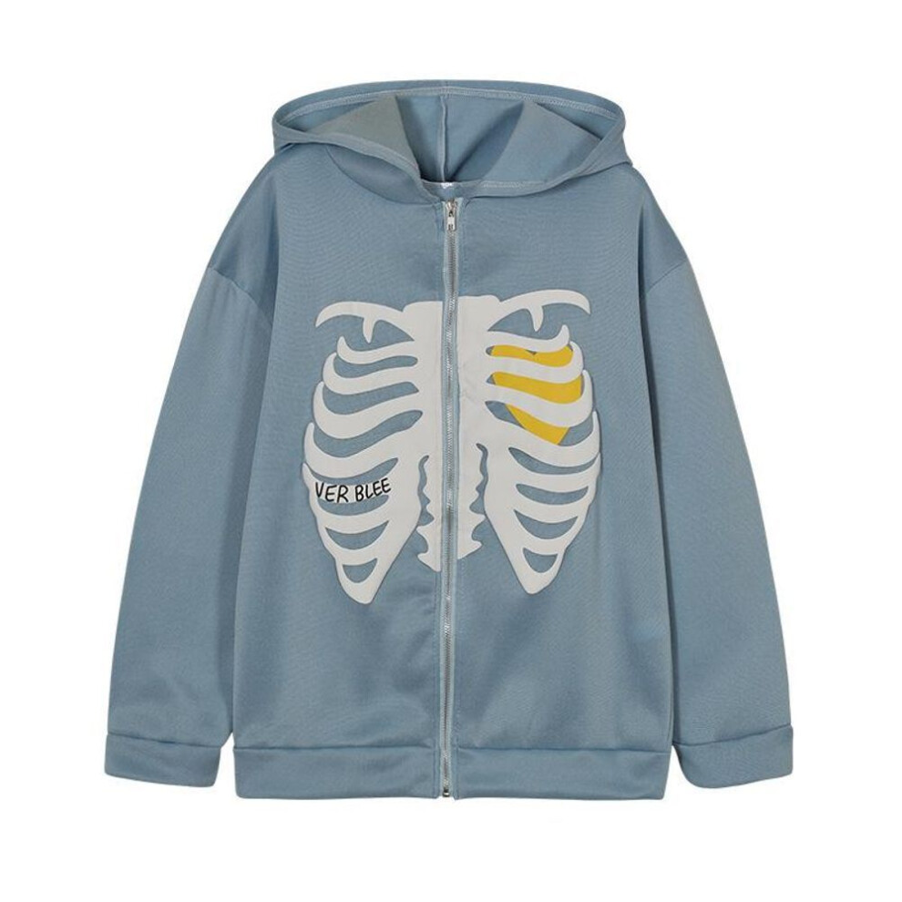 (2XL, blue) 2022 Autumn And Winter Women's Trendy Sexy Hooded Cardigan Sweater Loose Skull Print Zipper Long-sleeved Jacket