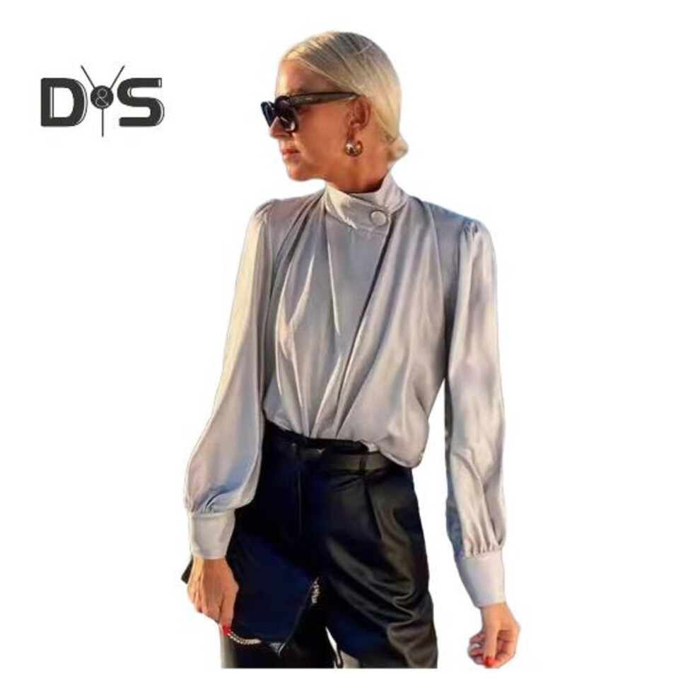 (XL, grey) Satin Women Shirt Half High Collar Lantern Long Sleeve Solid Color Pullover Tops Casual Commuting Blouse