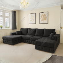 (Black Velvet) SNOOZE Ashton Full Back Large U-Shape Corner Sofa Set Plush Velvet 6 Seater Sofa