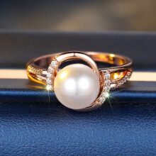 (rose gold,white, 10) Vintage Rose Gold Color Geometric Big Imitation Pearl Ring For Women Bohemia Ethnic Wedding Jewelry