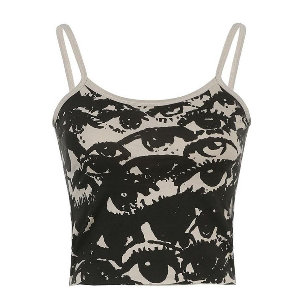 (L, khaki) Gothic Portrait Print T-shirt Aesthetic Y2k Crop Tops Short Sleevle Vest Tees Harajuku Streetwear White Suspenders Women Clothes