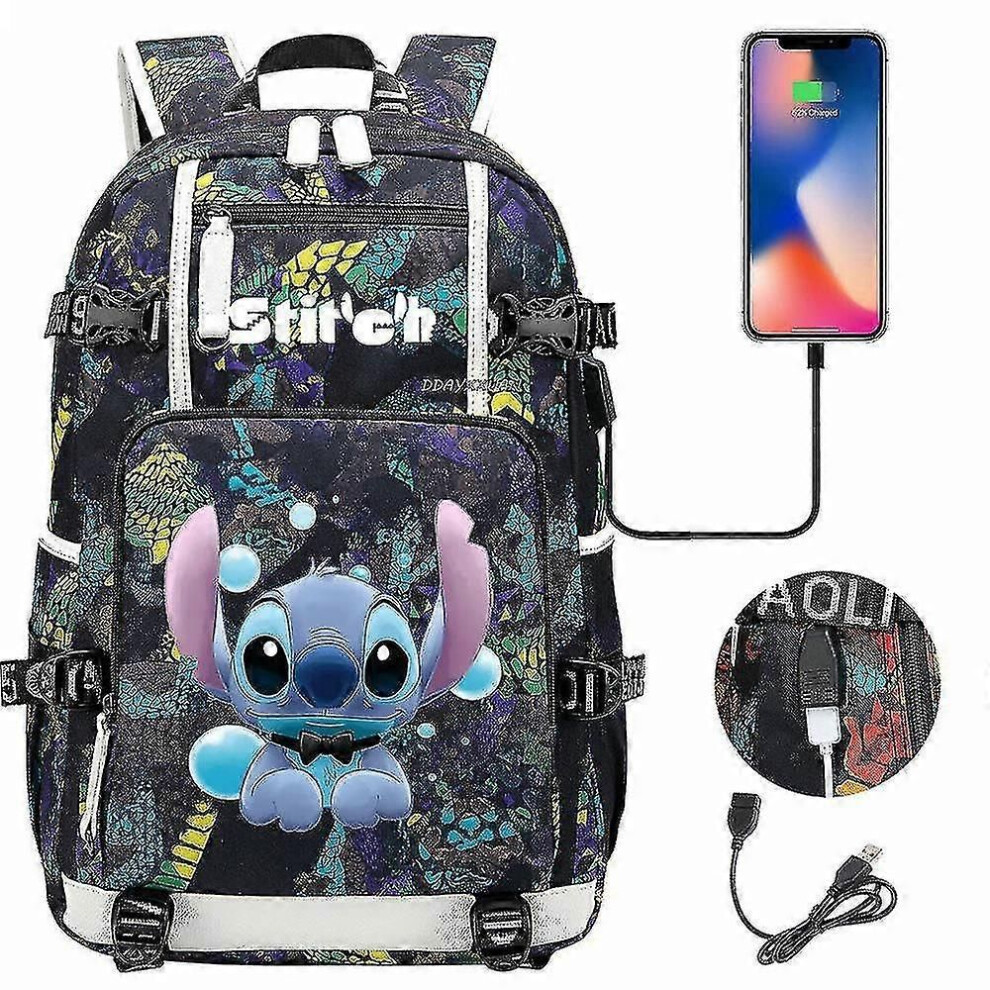 Sac à Dos Pointu Lilo & Stitch - Camouflage Noir/bleu - USB, Compartiment Ordinateur 15" - Neuf