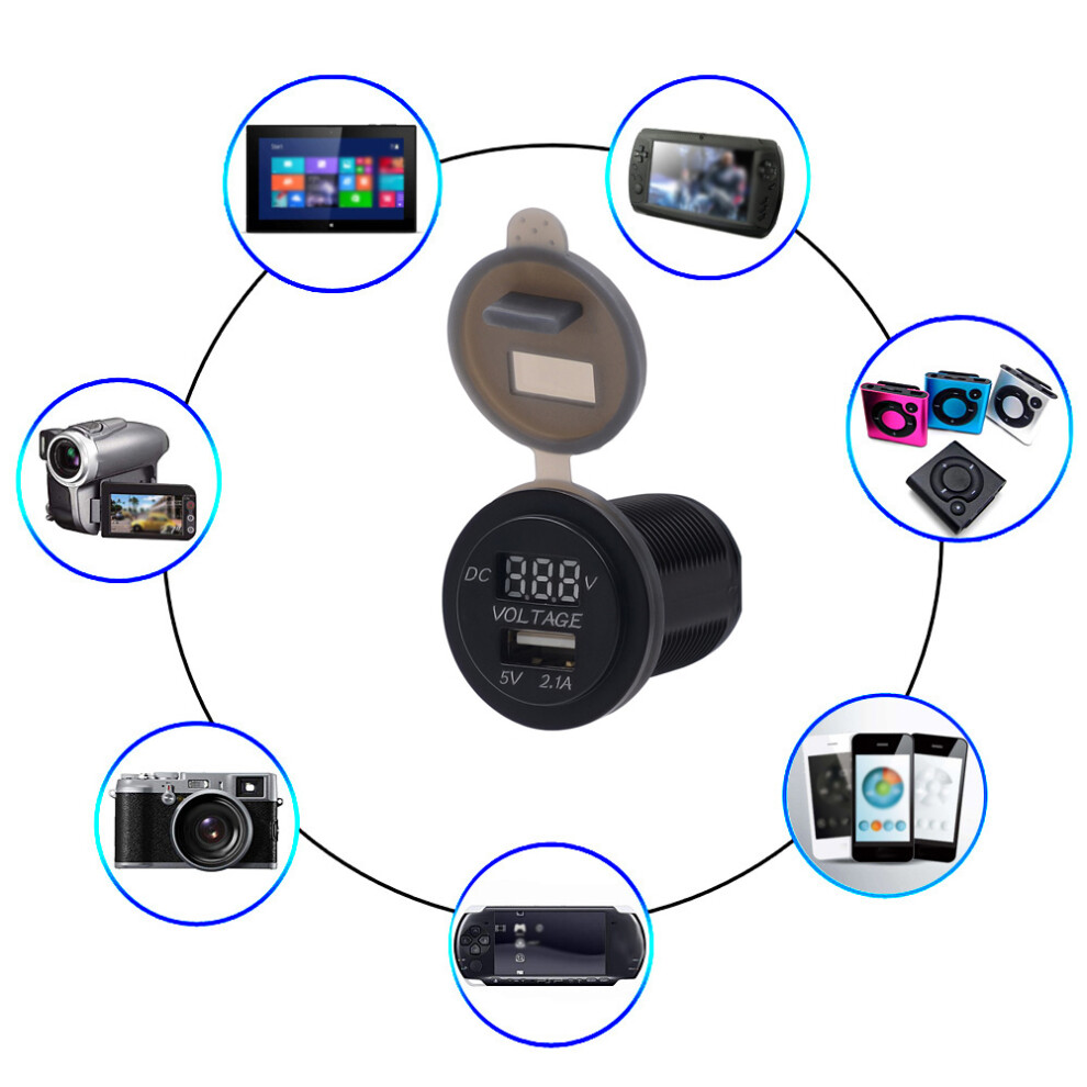 USB Ports Car Charger Voltage Display Voltmeter Vehicle Power IP66 Waterproof 2.1AGreen DC12-24V-image-OPC-PHWYVXK-NEW