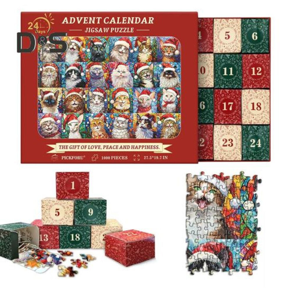 2024 Christmas Advent Calendar Cat Puzzle Set Colorful Animal Puzzle Countdown Calendar 1000 Pcs Kitty Jigsaw Puzzles For Family Fun