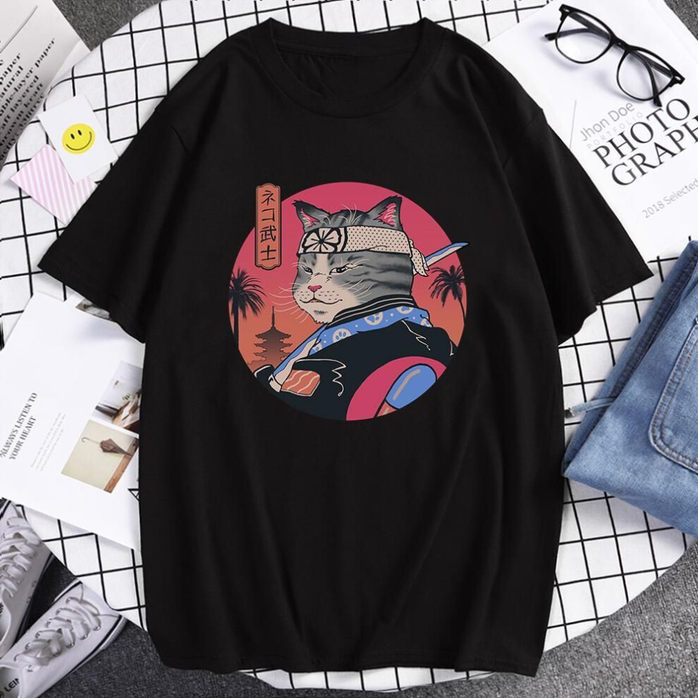 (3XL, black) Japan Cat Anime T Shirt Samurai Sword Print Men's Women Fashion Cotton Oversized Tshirt Kids Boy Girl Tops Tees Summer Camisetas
