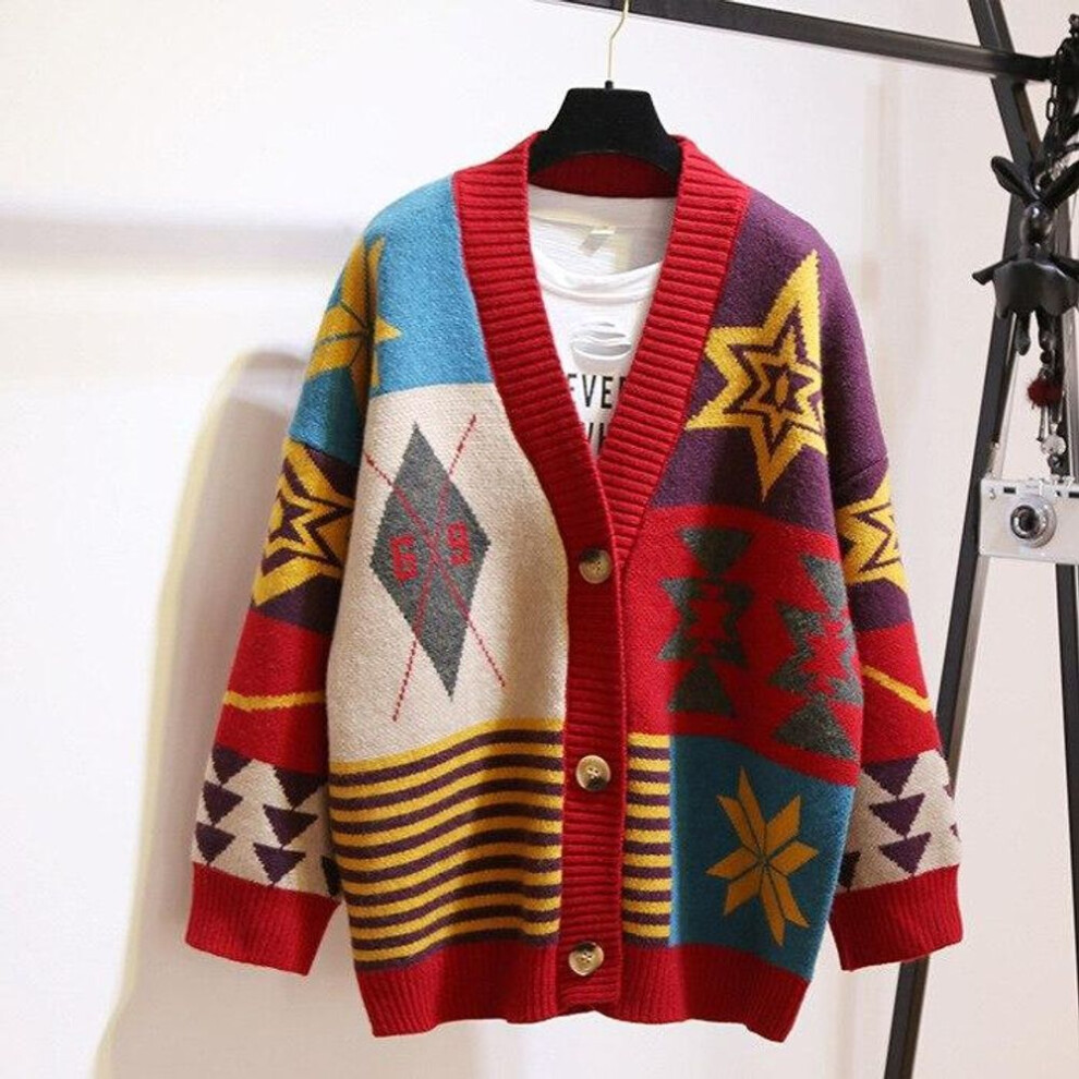 (One Size, red) Sweater Women Loose Single-breasted Knitted Cardigan Sweater Female Spring Autumn
