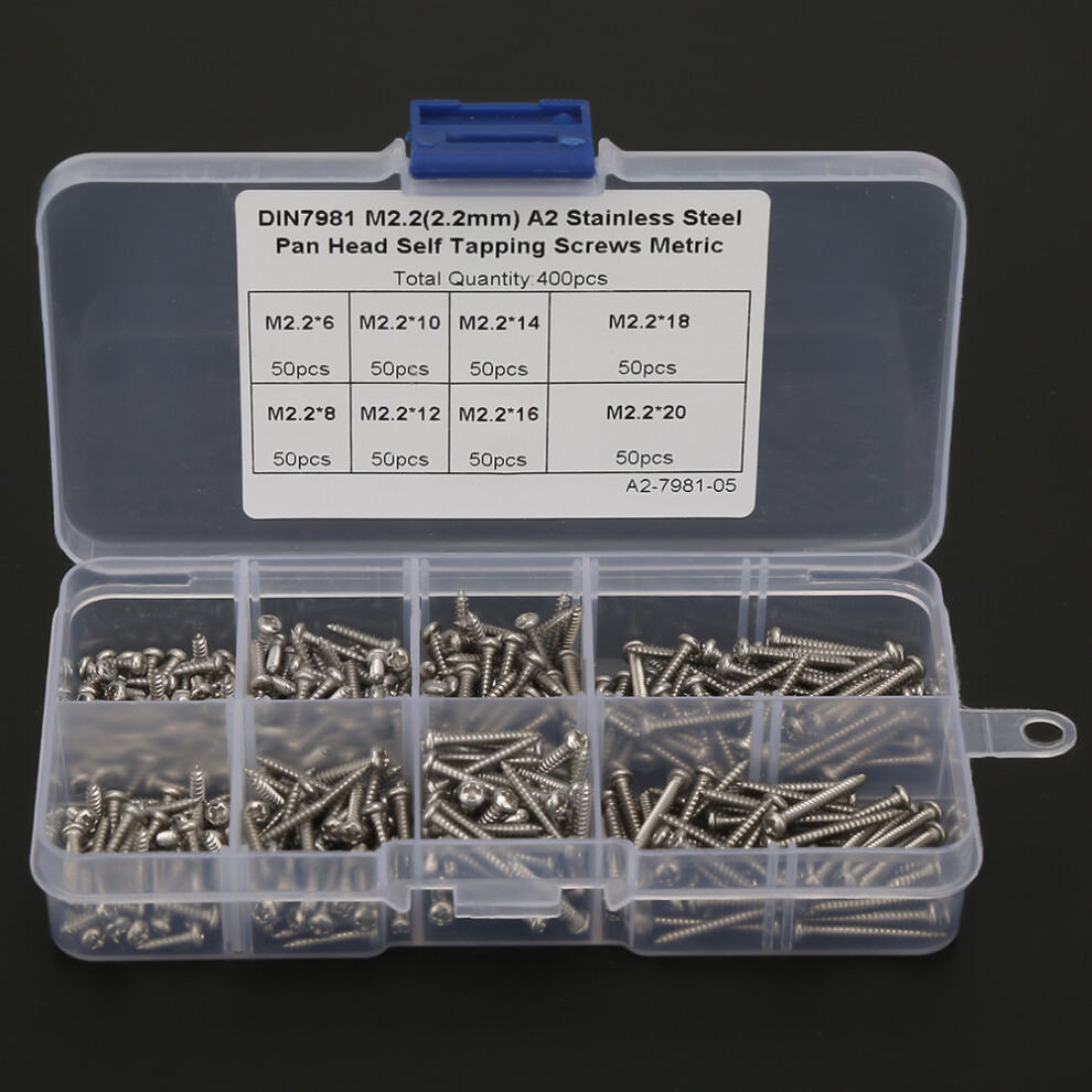 400Pcs M2.2 Stainless Steel High Strength Self Tapping Screws Assortment Kit 8491324711482