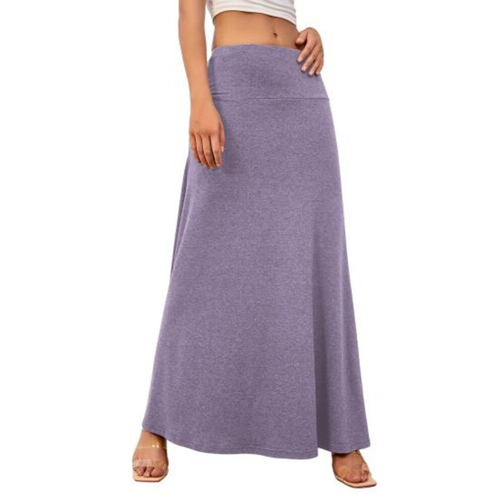 (M, purple) Women Maxi Skirt Elastic High Waist A-line Long Skirt Solid Color Design