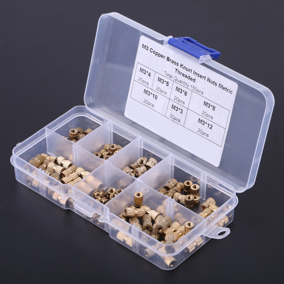 150Pcs M3 Brass Knurl Insert Nuts Threaded Assortment Set Kit With Plastic Box 8761324720907