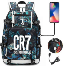 Zaino scolastico per ragazzi con cuffie USB (bianche) della stella del calcio Juventus C Ronaldo