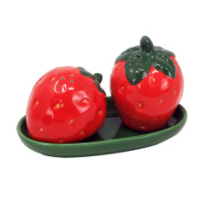 Ceramic Strawberry Salt & Pepper Set with Saucer 3D Decorative Dispenser Novelty