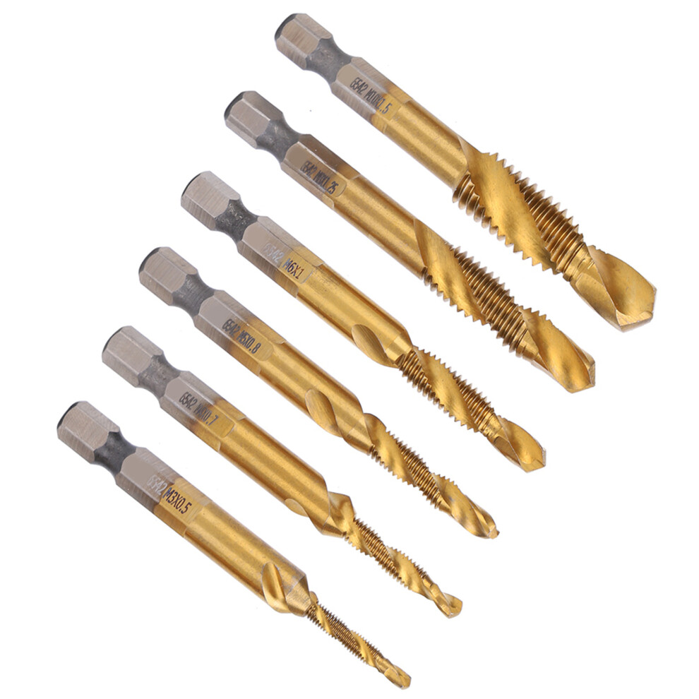 6Pcs Hss Tap Drill Bits Set High Speed Steel Titanium Coated Hex Shank Thread Hand Tool M3âM10 5061324734335