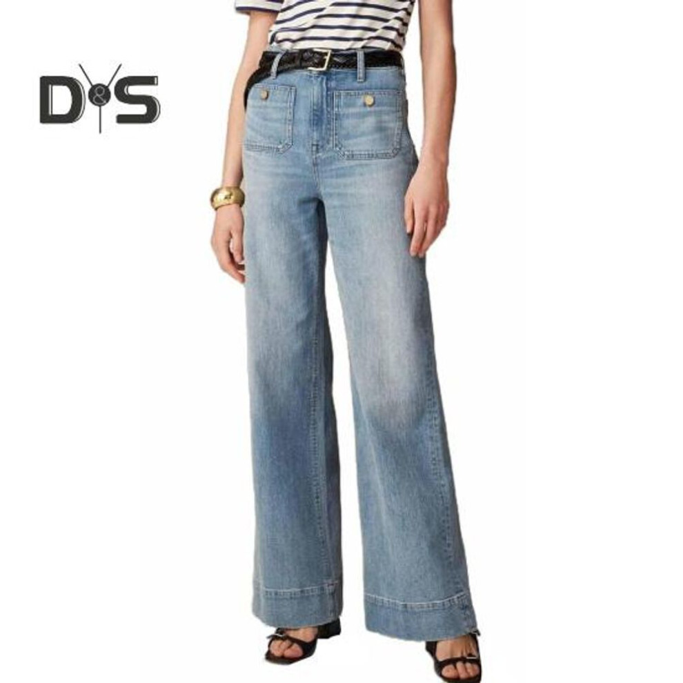 (light blue, XL) Women Jeans Plus Size Washed Straight Stretchy Solid Color Loose Wide Leg High Waist Casual Multi Pockets Button Decor Streetwear Denim Pants