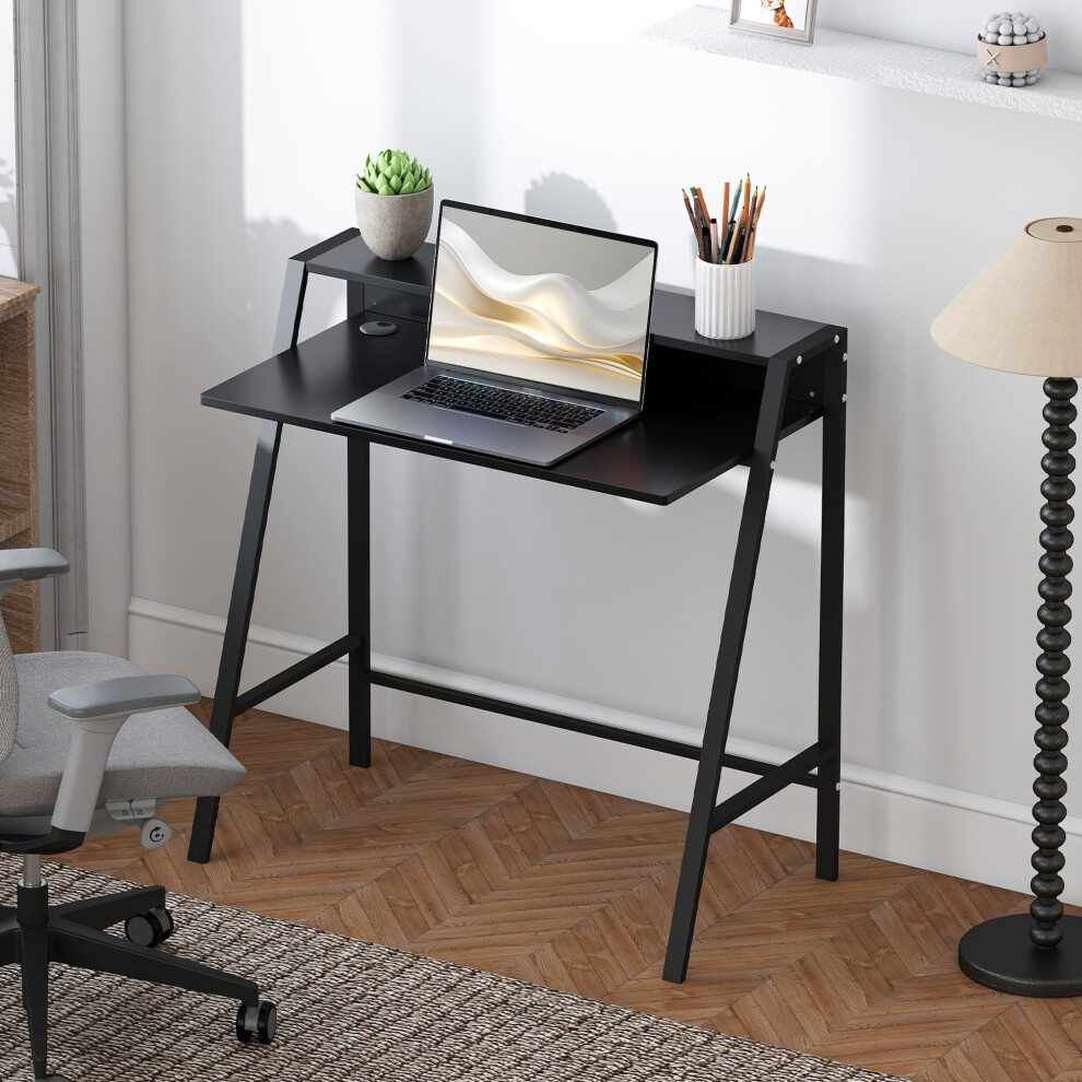HOMCOM 2-Tier Storage Computer Workstation with Shelf, Metal Frame Black
