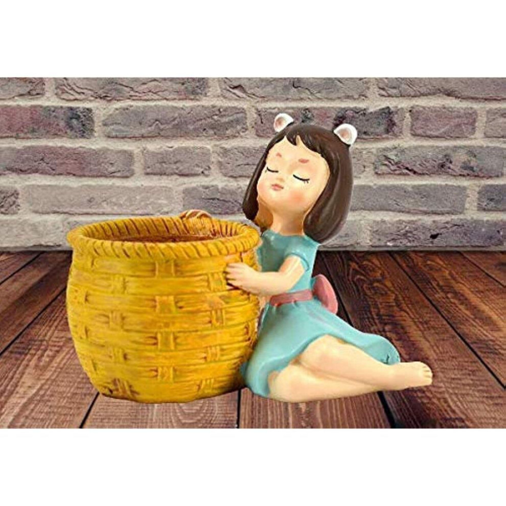 Cute Thinking Dreaming Girl With Basket Showpiece, Office , Home , Car And Desk Decor , Antique Touch , For Birthday , Wedding And Valentine Gift