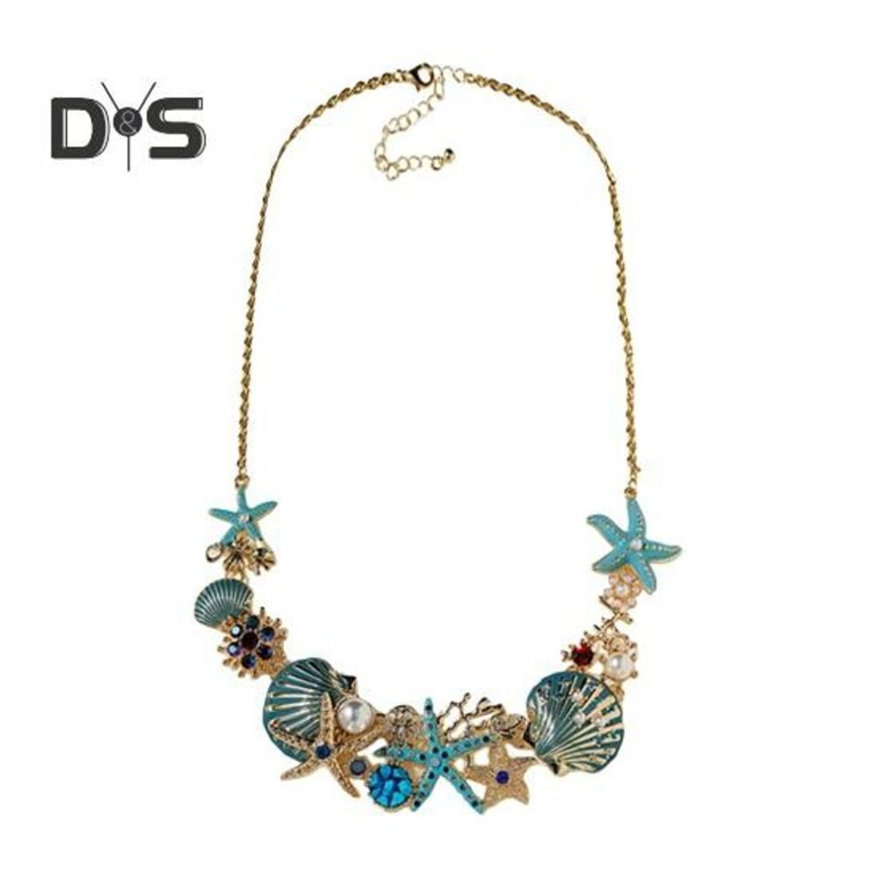 Exaggerated Women Necklace Ocean Theme Starfish Coral Shell Faux Pearl Rhinestone Decor Adjustable Length Lady Vacation Beach Neck Jewelry
