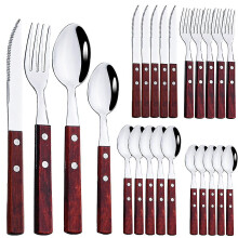 24pcs Cutlery Set Stainless Steel Wooden Tableware Set Spoon Fork Knife Kitchen Dinner And Party Tableware