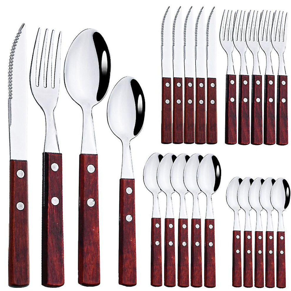 24pcs Cutlery Set Stainless Steel Wooden Tableware Set Spoon Fork Knife Kitchen Dinner And Party Tableware