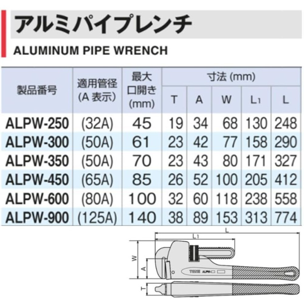 Tone Aluminum Pipe Wrench Applicable Pipe Diameter 50a Total Length 290mm Maximum Opening 60mm Alpw-300