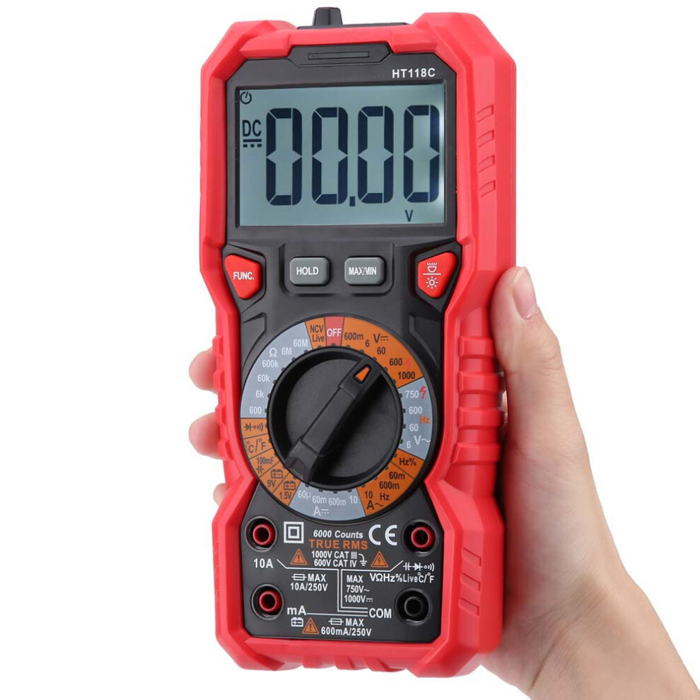 Ht118c Handheld Digital Multimeter Ac/Dc Volt Amp Ohm Capacitance Hz Temp Tester W/ Flashlight 4621324783620