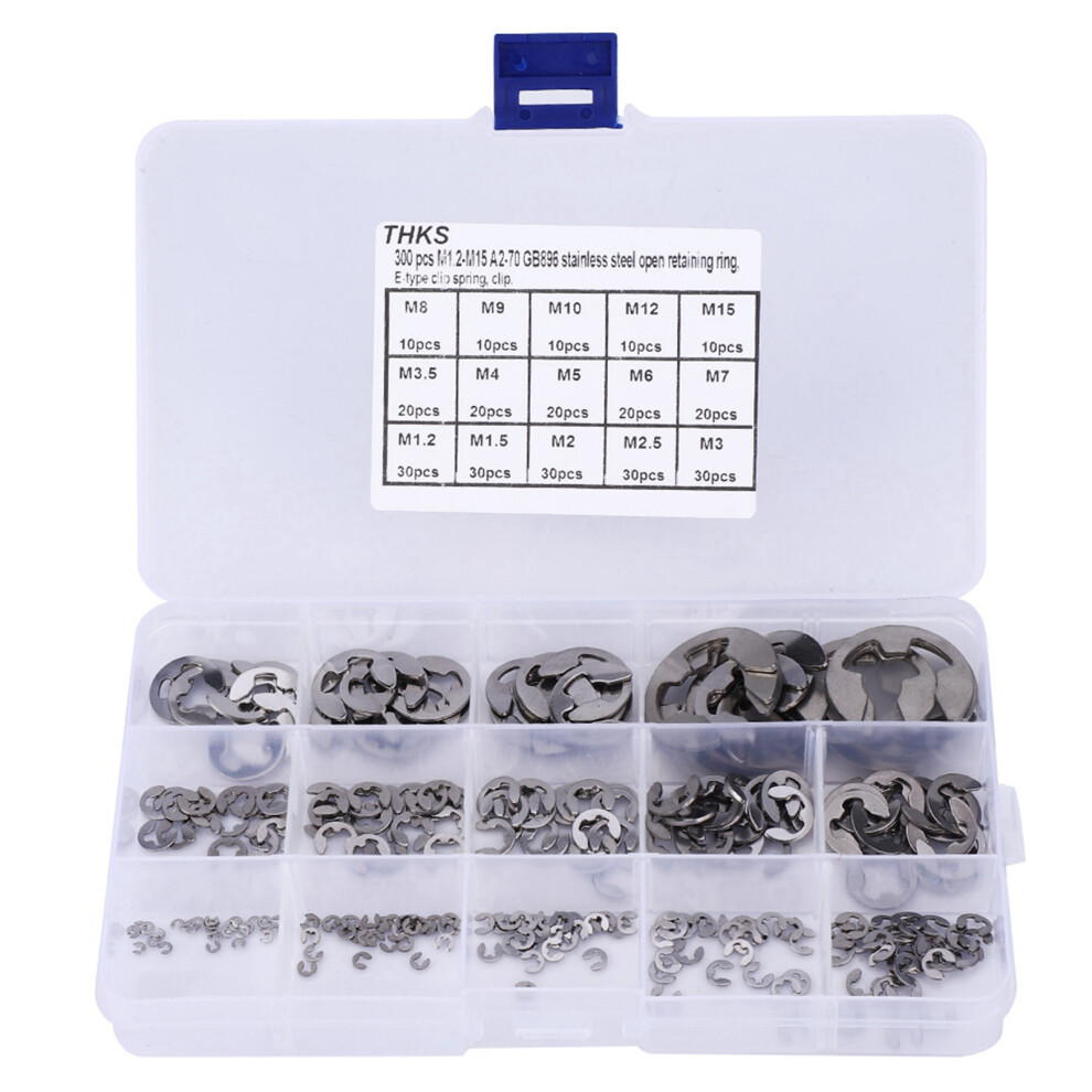 300 Pcs E Clip Set Stainless Steel E Type Retaining Ring Circlip Assortment Kit M1.2~M15 9341324800695