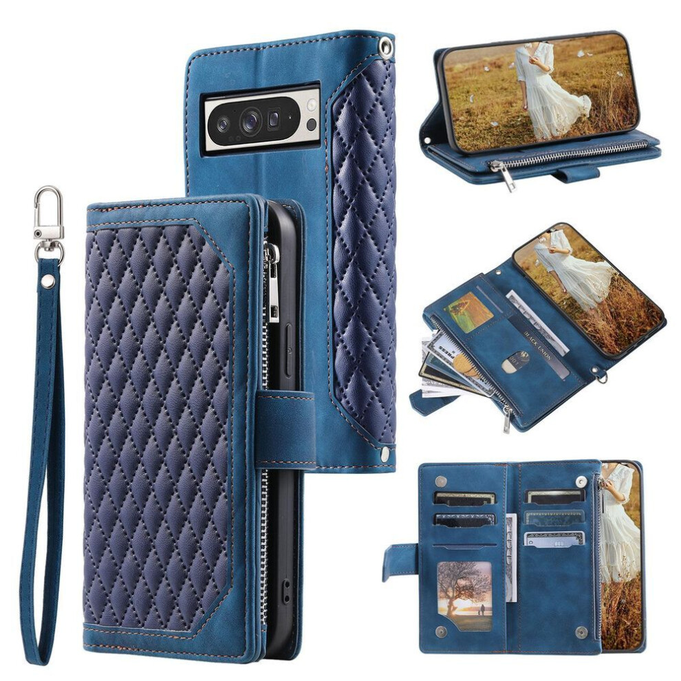 (as the picture, Blue) Style 005 For Google Pixel 10 Pro Xl Wallet Case Rhombus Stitching Line Pu Leather Phone Cover