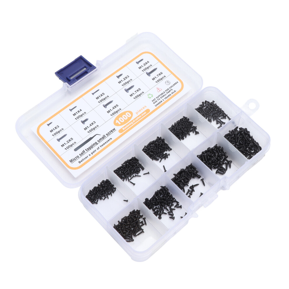 1000Pcs Self Tapping Small Screws Assortment M1 M1.2 M1.4 M1.7 Black Pan Head With Tweezers 4601324843241
