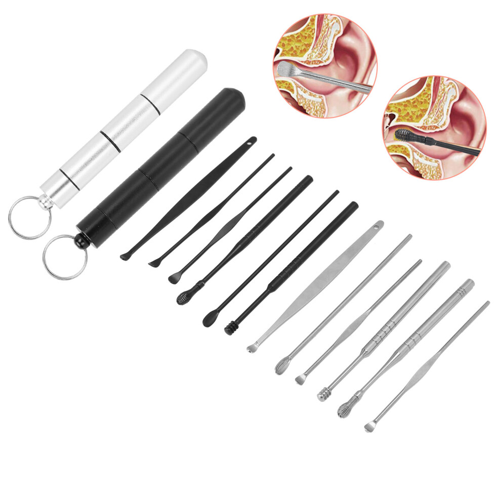 Black/Silver Earwax Remover Kit Stainless Steel Ear Spoon Scoop Ear Wax Pick Earwax Cleaning Tool( )