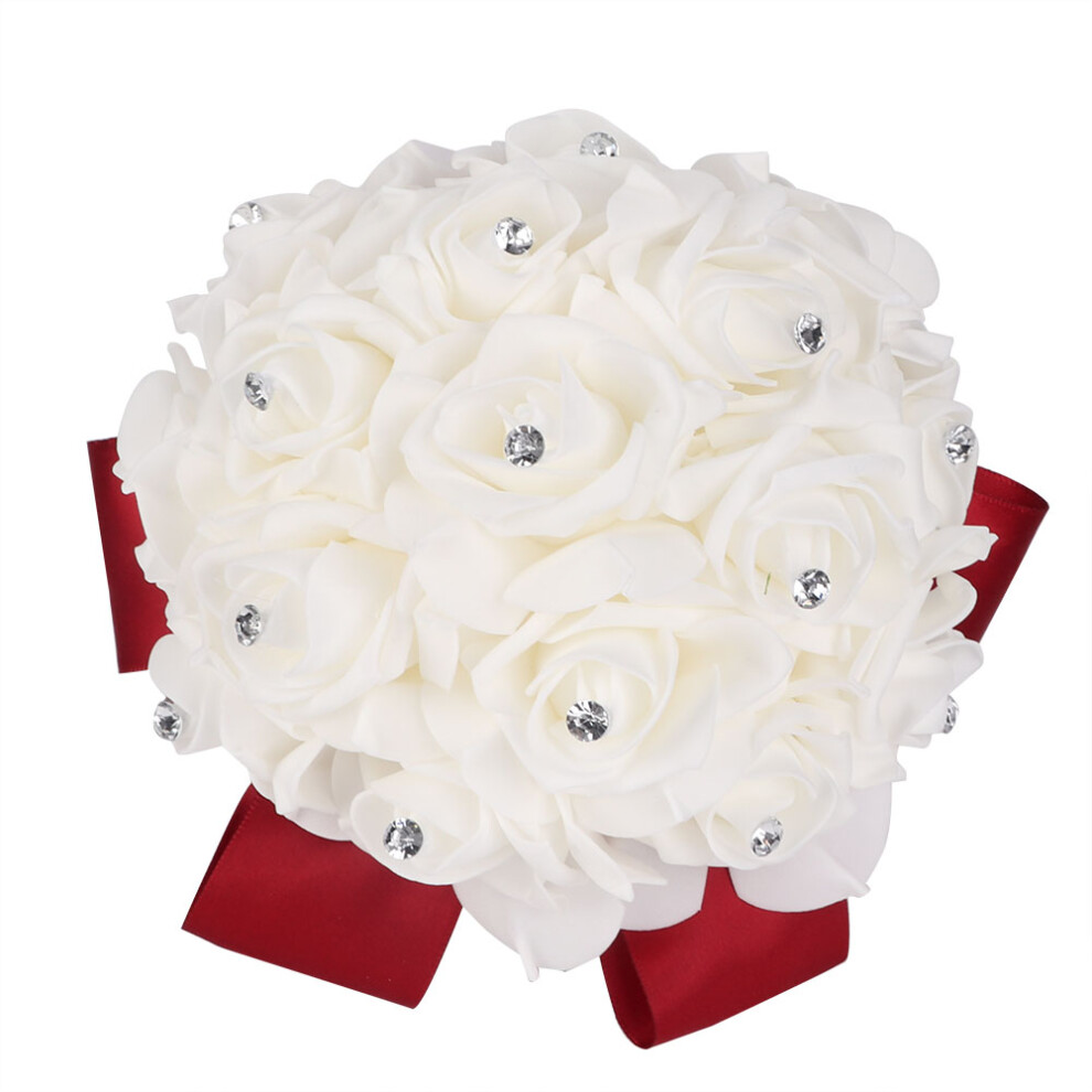 Artificial Fake Flower Bridal Bouquet Rhinestone Weeding Party Home Decoration (Wine Red)-image-OPC-PHX57WZ-NEW