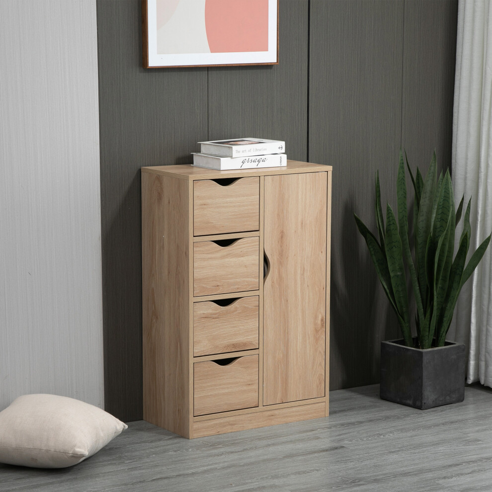 HOMCOM 4 Drawer Single Door Freestanding Bathroom Cabinet - Natural Wood Finish - Image 8