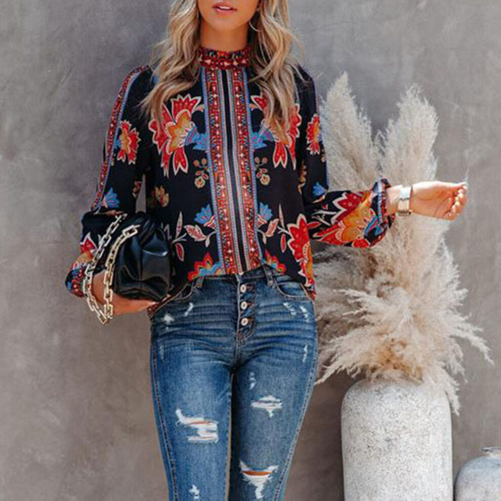 Women Shirred Frill Neck Top Stand Collar Lantern Sleeve Floral Printed Loose Fit Blouse Black L