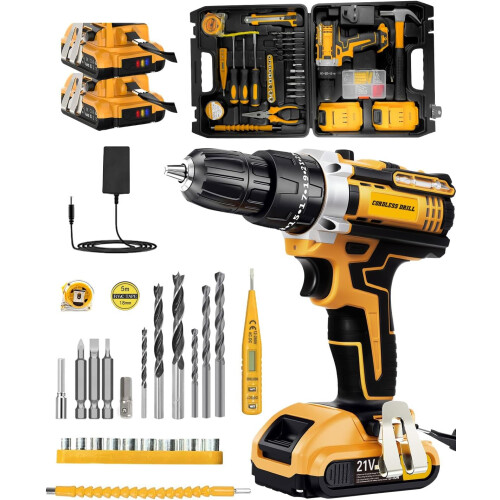 (2 Batteries 21V) Cordless Drill Set 21V, 25 3 Torque Combination Drill with 2.0AH Battery, 42N.m Max Electric Screwdriver Kit, 2 Variable Speeds
