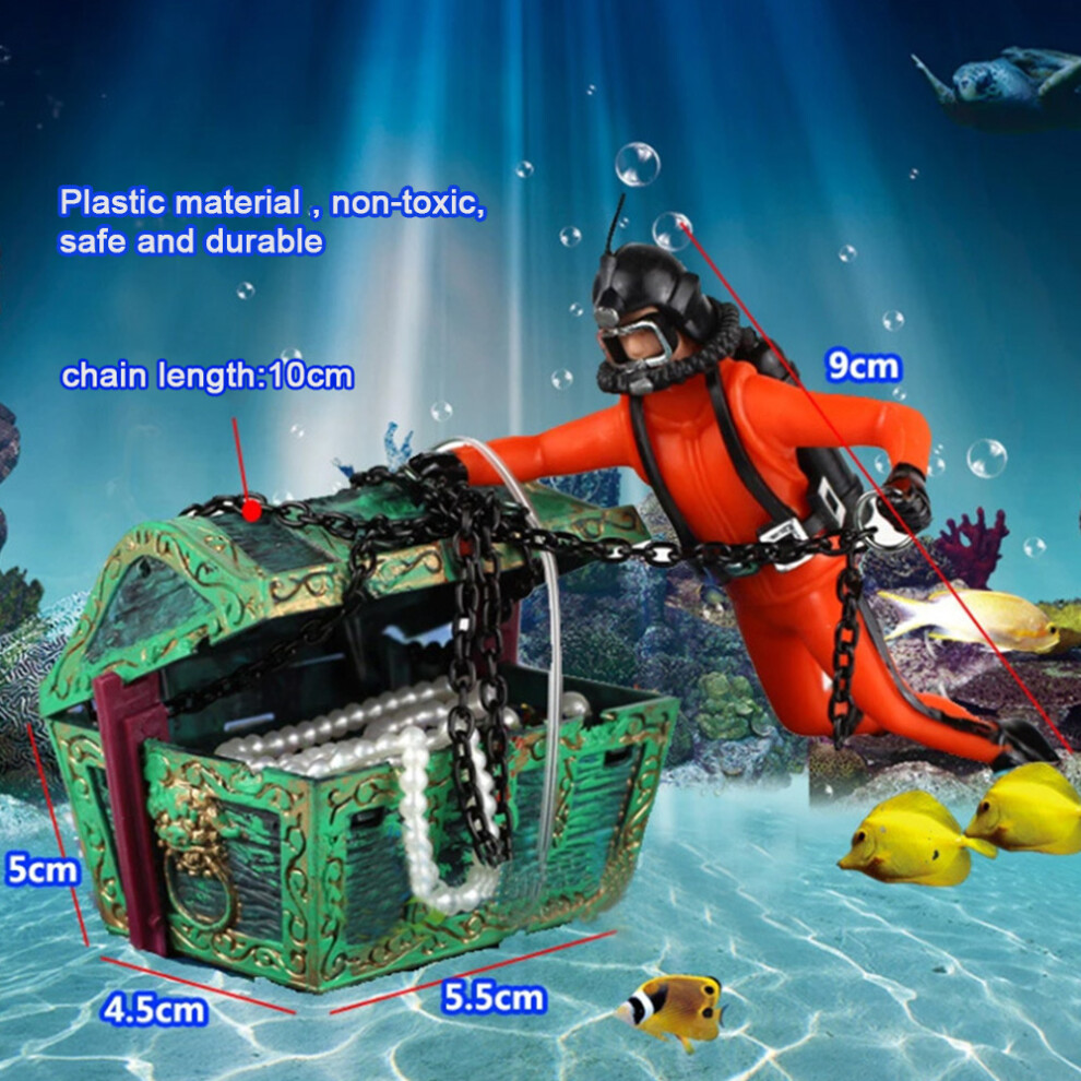 Aquarium Floating Diver Ornament Aquarium Decoration with Moving Treasure Chest Floating Diver Bubble Action