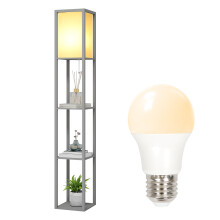 (Grey(with a bulb)) 3-Tier LED Floor Lamp Wooden Shelf with Storage