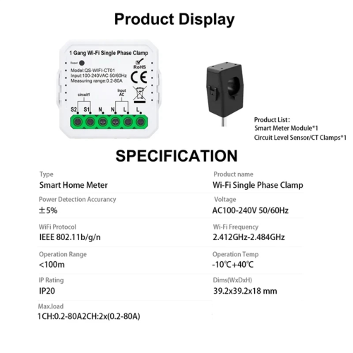 Smart Life WIFI Energy Meter Current Sensor Statistician 2CT 2