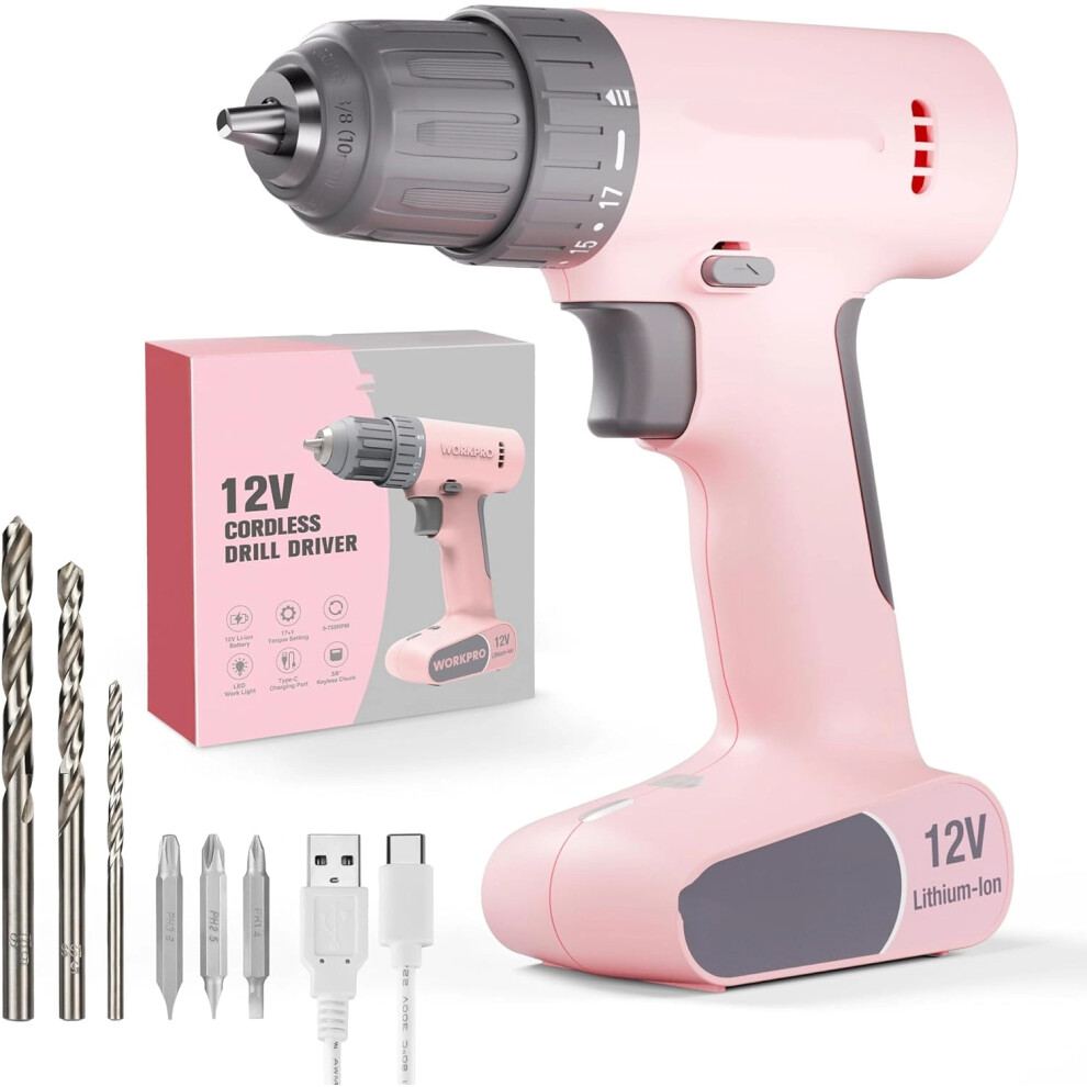 (Pink) 12V Cordless Drill Driver with 1500 mAh Battery, 3/8" Chuck Keyless Electric Screwdriver, 17 1 Torque, Pink Drill-image-OPC-PHX5VSX-NEW