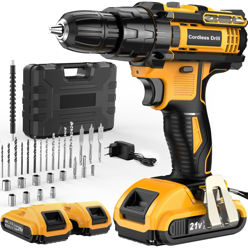 (3-In-1 Hammer Drill) 21V Cordless Drill Driver, Hammer Drill With 2 2000Mah Batteries, 25 3 Torque, 42N.m Max Drill, 30 Pieces Drill Bits, 2 Speeds 4016212552127