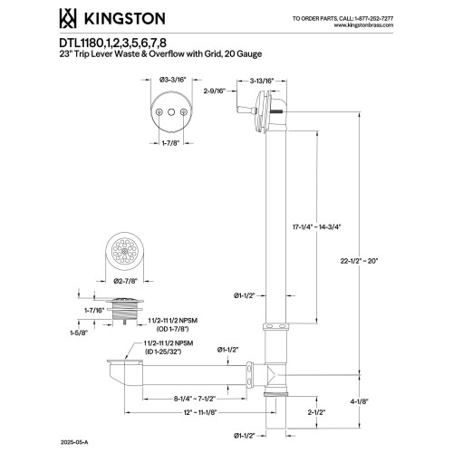 Kingston Brass DTL1185 Τριπλό Κλείσιμο Αποχέτευσης και Υπερχείλισης, 23-1/4 Ιντσών, Λαδί Χρώμα 2