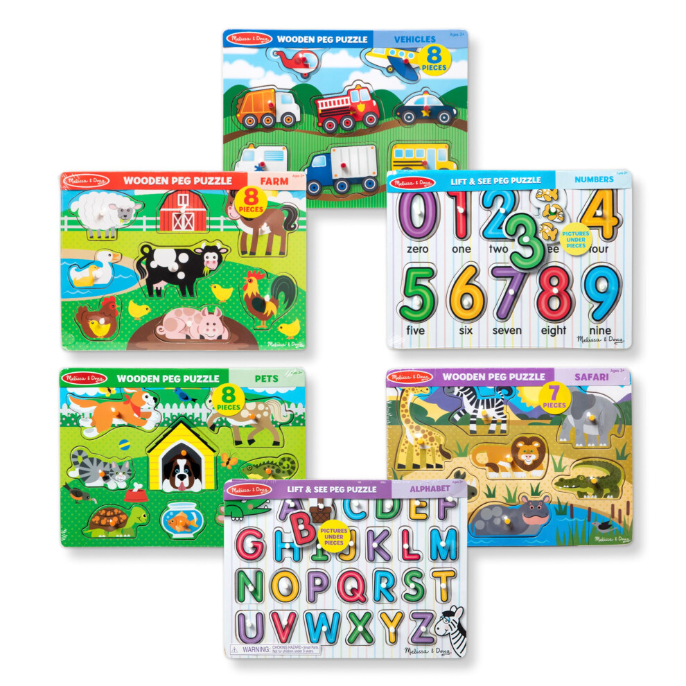 Melissa & Doug Wooden Peg Puzzle 6 Balen Csel Psmena Zvrata Vozidla-image