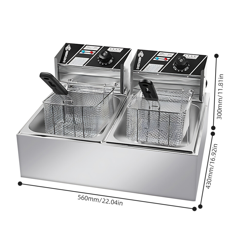 6L+6L Dual Tank Electric Deep Fryer with Removable Oil Filtration Basket and Lid 2*1.7KW Stainless Steel Automatic Thermostatic Fish Fryer