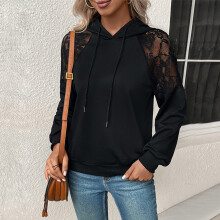 Women Hoodies Lace Splicing Shoulder Long Sleeves Loose Fitting Pure Color Casual Pullover Top Black XL