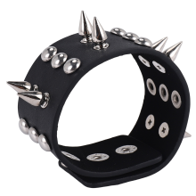 Metalen leren herenarmband met spikes en studs in zwart